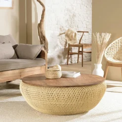 Univers Déco·Globe-Trotter|Bouts De Canapé En Bois|Swing Bout de canapé rond en rotin beige plateau bois 41 cm