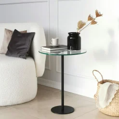 Bouts De Canapé En Métal|TULUM Bout de canapé rond en verre, pied métal noir Ø40 cm