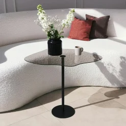 Bouts De Canapé En Métal|TULUM Bout de canapé rond en verre, pied métal noir Ø40 cm