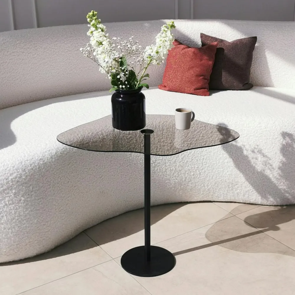 Bouts De Canapé En Métal|TULUM Bout de canapé rond en verre, pied métal noir Ø40 cm