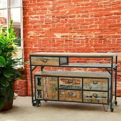 Buffets Industriels|Buffets Industriels|Loft / Loft Colors Buffet / Console à roulettes en 2 parties, 4 + 1 tiroirs, 1 porte en Hévéa recyclé coloré et métal 150x53x97cm LOFT COLORS