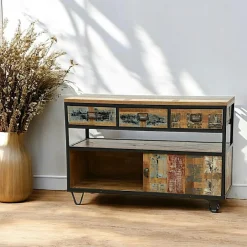 Buffets Industriels|Buffets Industriels|Loft / Loft Colors Buffet à roulettes 3 tiroirs, 1 porte coulissante, 1 niche ouverte en Hévéa recyclé coloré et métal 120x45x80cm LOFT COLORS