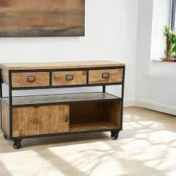 Buffets Vintage|Buffets Vintage|Loft / Loft Colors Buffet à roulettes 3 tiroirs, 1 porte coulissante, 1 grande niche ouverte en Hévéa recyclé naturel et métal 120x45x80cm LOFT