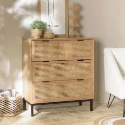 Buffets Scandinaves|Buffets Scandinaves|PALMA Buffet bas 3 portes cannage naturel pieds métal