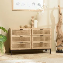 Buffets Scandinaves|Buffets Scandinaves|PALMA Buffet bas 3 portes cannage naturel pieds métal