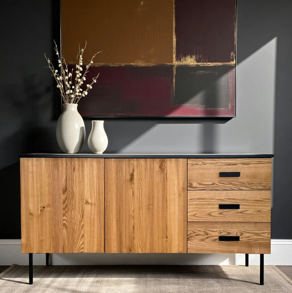 Buffets Contemporains|Buffets Contemporains|TARAN Buffet bas 3 portes en bois bicolore, façade ondulée