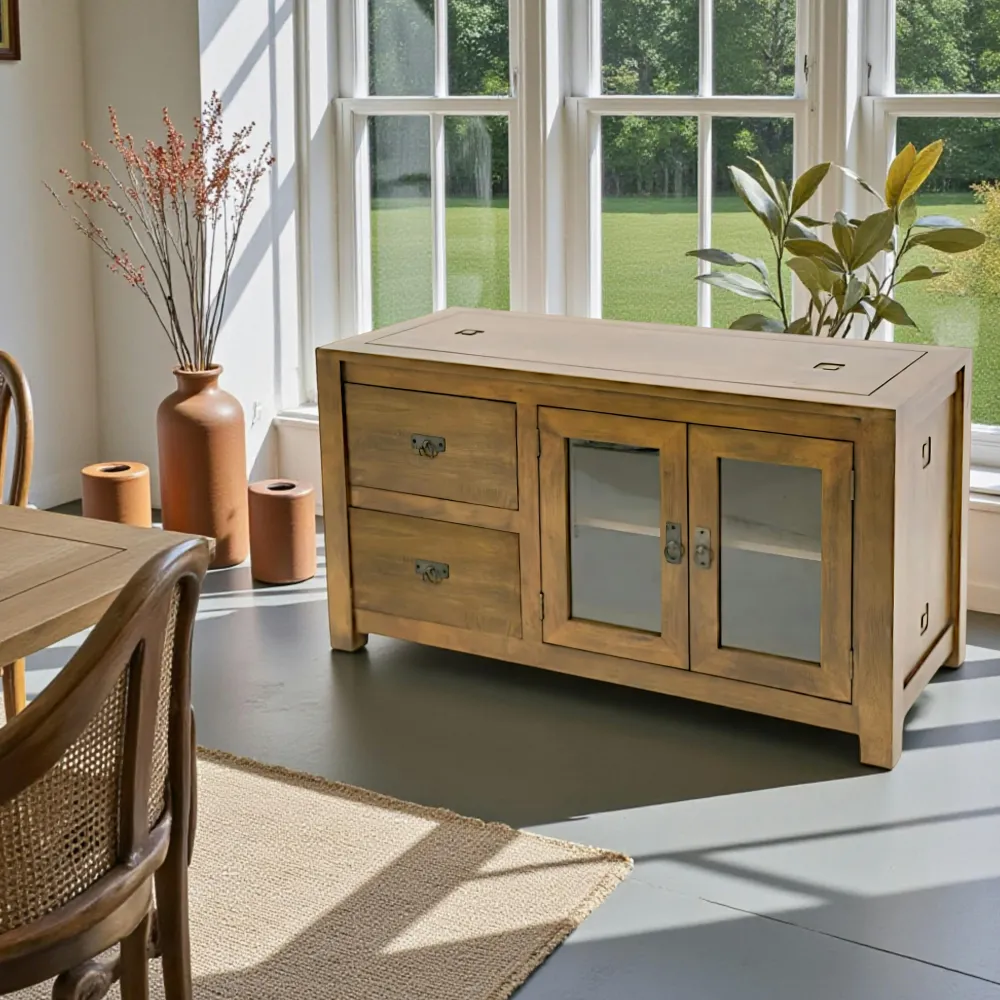 Buffets Bas|Buffet Bas|Tessa Buffet bas Hévéa 2 portes vitrées, 2 tiroirs 120x50x65cm