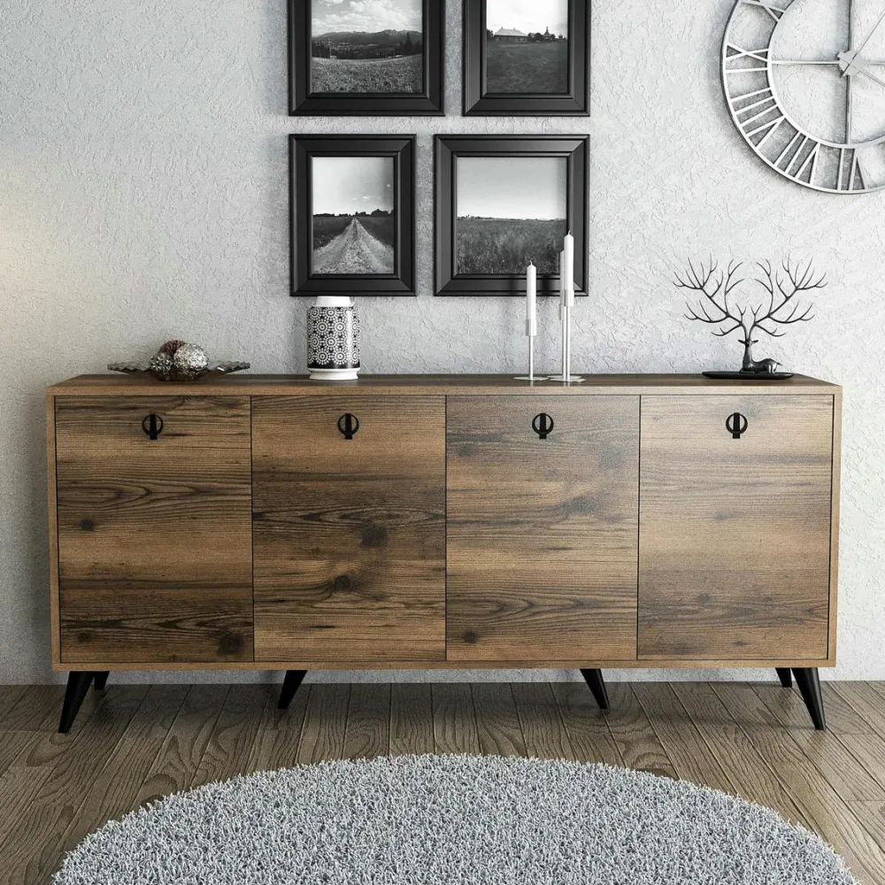 Buffets Blancs|Buffets Blancs|UMEA Buffet blanc moderne 4 portes, poignées à anneaux