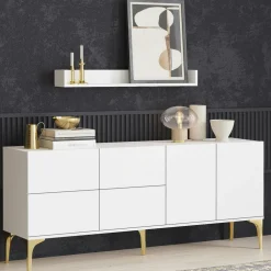 Buffets Contemporains|Buffets Contemporains|JENA Buffet blanc moderne chic à pieds dorés, 6 portes