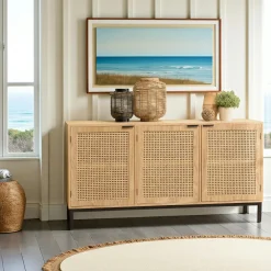 Buffets Scandinaves|Buffets Scandinaves|PALMA Buffet bois clair 2 portes rotin 3 tiroirs pieds métal