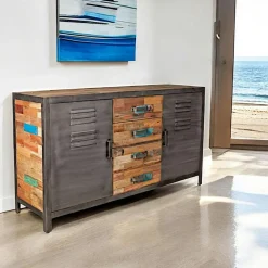 Buffets Industriels|Buffets Industriels|Caravelle Buffet bois recyclé 4 tiroirs bois recyclé 2 portes métalliques 160x45x90cm