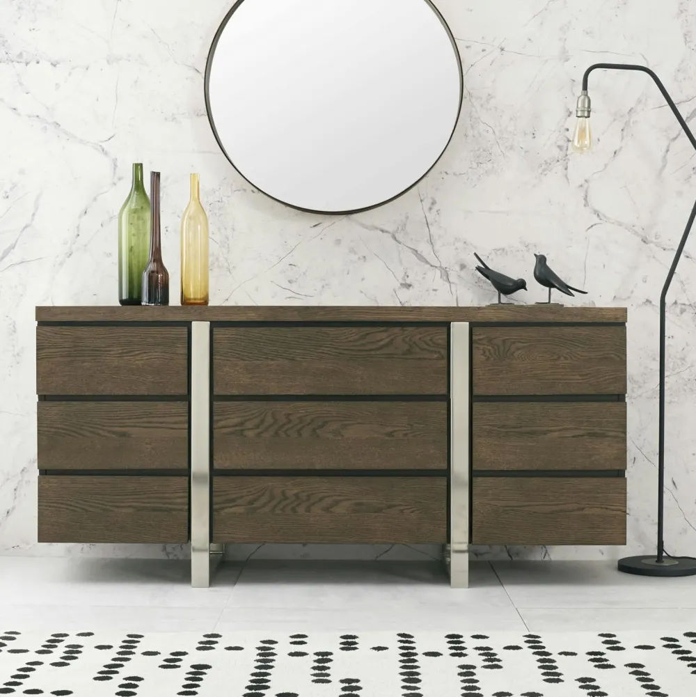 Buffets Contemporains|Buffets Contemporains|RIMINI Buffet de salle à manger en chêne et métal brossé 165 cm