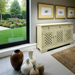 Buffets En Bois|Buffets En Bois|Maori Buffet Enfilade Hévéa 3 portes motif tressé, 3 tiroirs 146x44x90cm