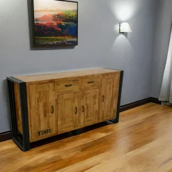 Buffets Industriels|Buffets Industriels|Docker Buffet enfilade hévéa recyclé naturel et métal noirci 4 portes 2 tiroirs 180X45X90cm