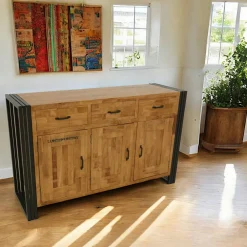 Buffets Industriels|Buffets Industriels|Docker Buffet enfilade hévéa recyclé naturel et métal noirci 4 tiroirs 4 portes 220X45X90cm