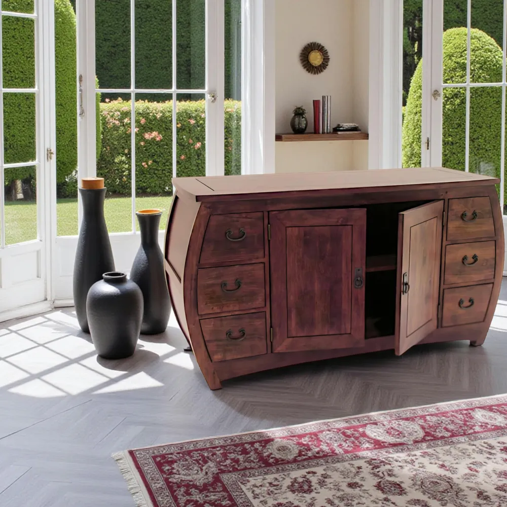 Buffets En Bois|Buffets En Bois|Maori Buffet galbé Hévéa 2 portes, 6 tiroirs 130x50x70,4cm TRADITION