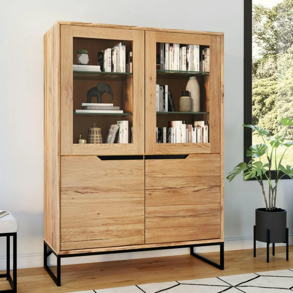 Vaisseliers Contemporains|Vaisseliers Contemporains|PALERME Buffet haut en chêne massif huilé éclairage led