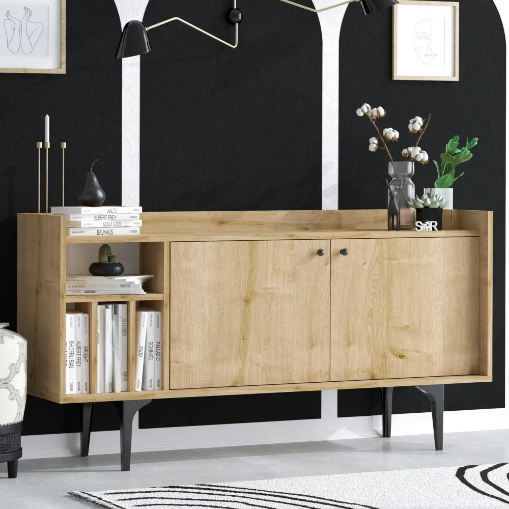 Buffets Contemporains|Buffets Contemporains|JENA Buffet moderne 2 portes avec niches rangement - effet chêne