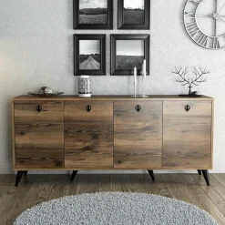 Buffets Contemporains|Buffets Contemporains|UMEA Buffet moderne 4 portes effet noyer, poignées à anneaux