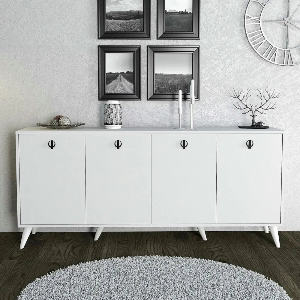 Buffets Contemporains|Buffets Contemporains|UMEA Buffet moderne 4 portes effet noyer, poignées à anneaux