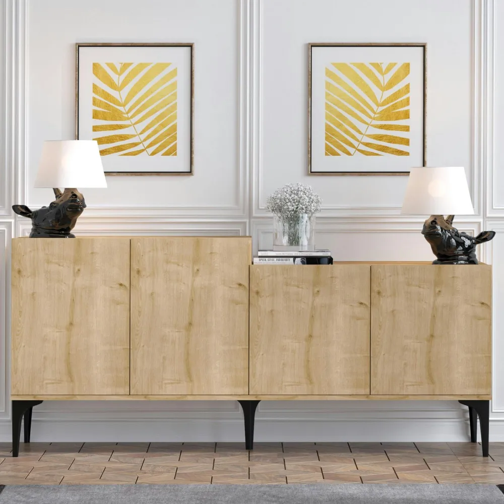 Buffets Contemporains|Buffets Contemporains|JENA Buffet moderne 4 portes effet chêne - 2 niveaux