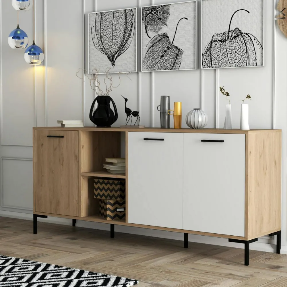 Buffets Contemporains|Buffets Contemporains|JENA Buffet moderne effet bois et blanc, niches ouvertes