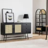 Buffets Contemporains|Buffets Contemporains|VAREN Buffet noir bohème avec cannage, 2 portes 3 tiroirs