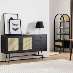 Buffets Contemporains|Buffets Contemporains|VAREN Buffet noir bohème avec cannage, 2 portes 3 tiroirs