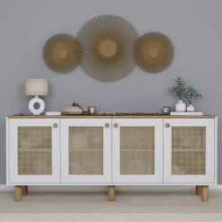 Buffets Blancs|Buffets Blancs|VAREN Buffet salle à manger blanc, cannage et effet noyer clair