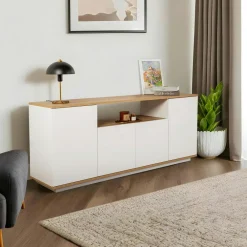 Buffets Contemporains|Buffets Contemporains|MARFA Buffet salle à manger blanc & effet bois, niche centrale