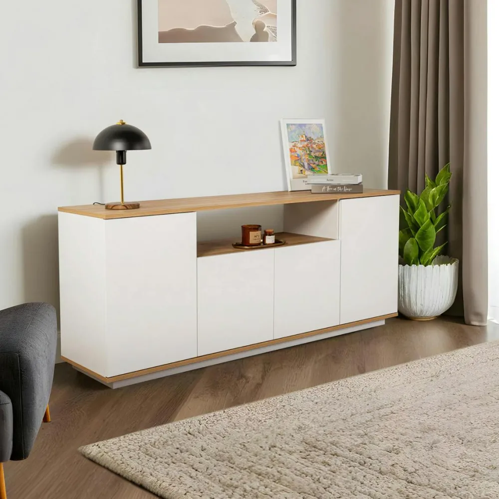 Buffets Contemporains|Buffets Contemporains|MARFA Buffet salle à manger blanc & effet bois, niche centrale