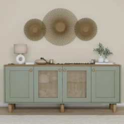 Buffets Contemporains|Buffets Contemporains|VAREN Buffet salle à manger vert sauge, cannage et effet bois