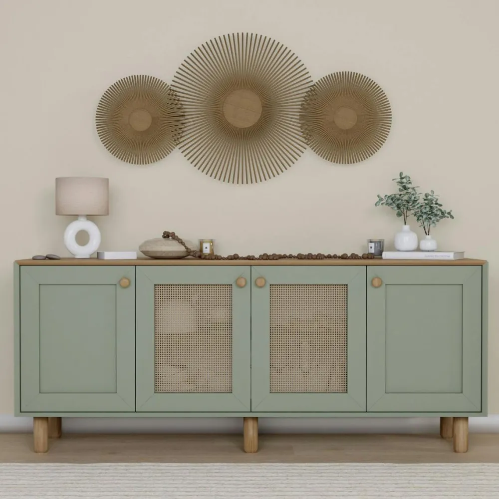 Buffets Contemporains|Buffets Contemporains|VAREN Buffet salle à manger vert sauge, cannage et effet bois