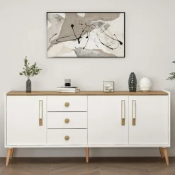 Buffets Contemporains|Buffets Contemporains|MARFA Buffet scandinave blanc et effet bois avec 3 tiroirs