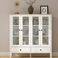 Vaisseliers Contemporains|Vaisseliers Contemporains|SALTA Buffet vaisselier blanc, 4 portes vitrées 2 tiroirs