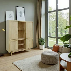 Vaisseliers En Bois|Vaisseliers En Bois|Sixties Buffet Vaisselier Hévéa 4 portes coulissantes 130x42x154cm