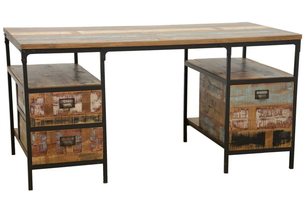 Bureaux En Bois|Bureaux Industriels|Loft / Loft Colors Bureau 3 tiroirs, 2 niches ouvertes en Hévéa recyclé coloré et métal 150x75x75cm LOFT COLORS