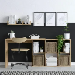 Bureaux En Bois|MARFA Bureau avec rangement cubes et étagère - effet chêne