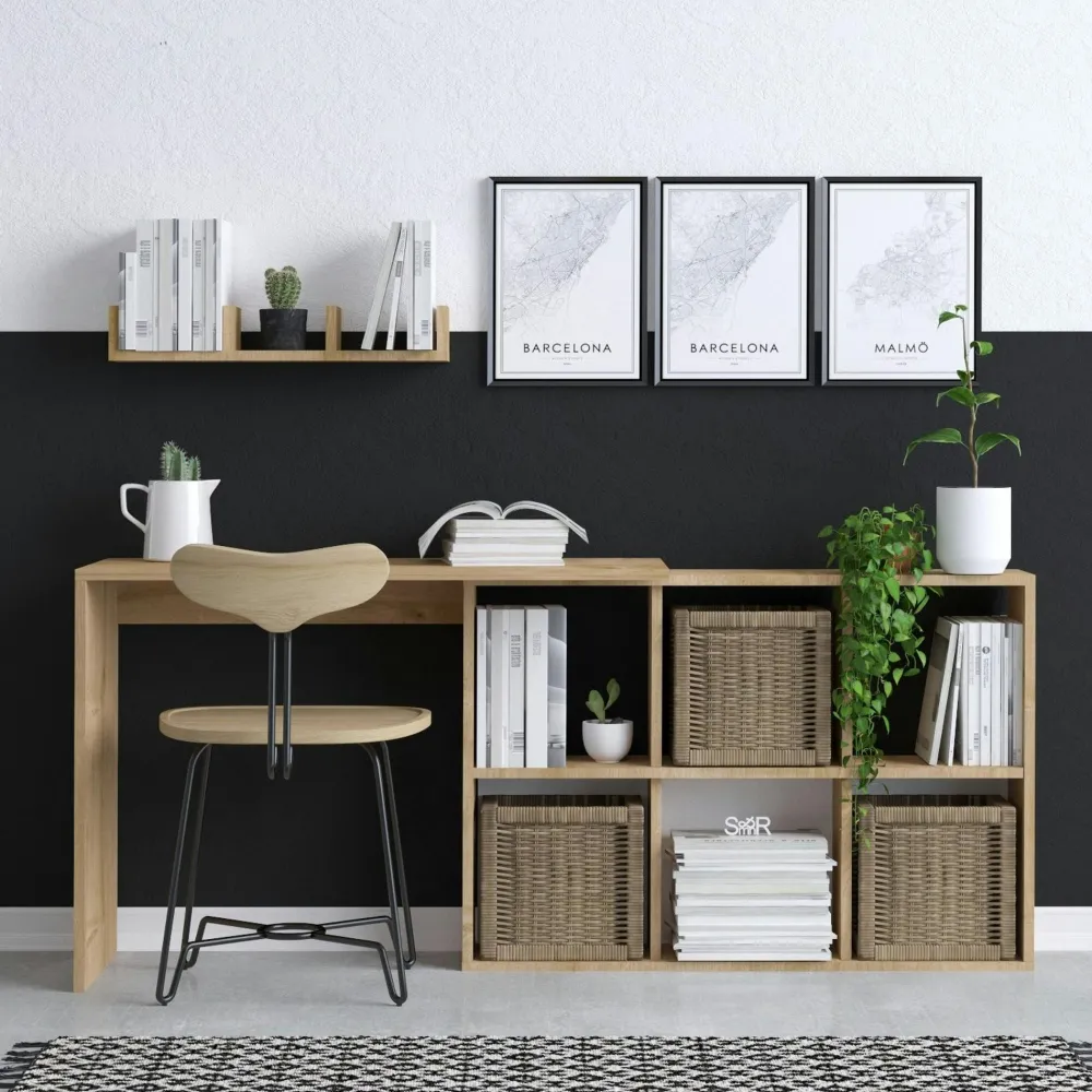 Bureaux En Bois|MARFA Bureau avec rangement cubes et étagère - effet chêne