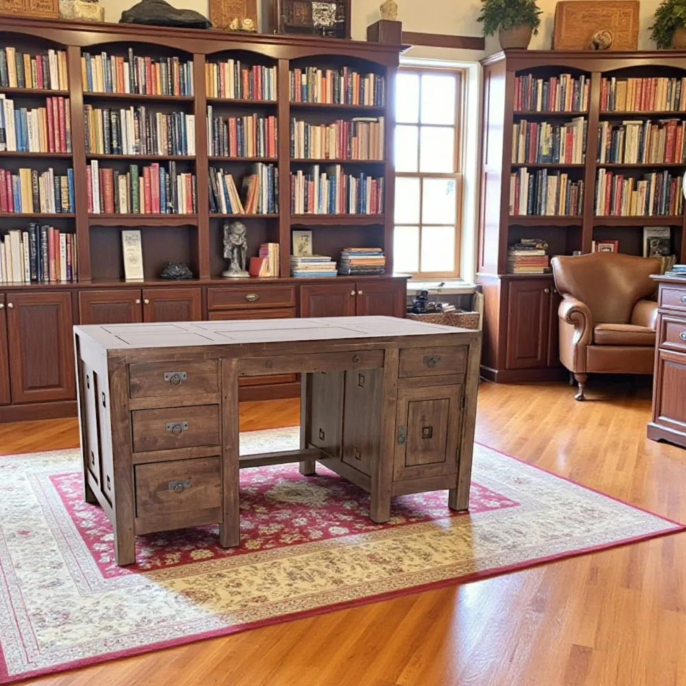 Bureaux En Bois|Tessa Bureau Hévéa 1 porte, 5 tiroirs 150x75x76cm