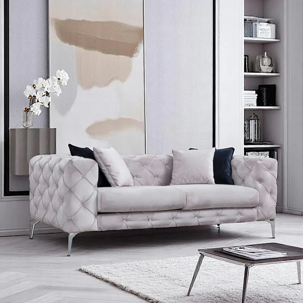 Canapés En Tissu|DOVER Canapé 2 places beige en velours capitonné