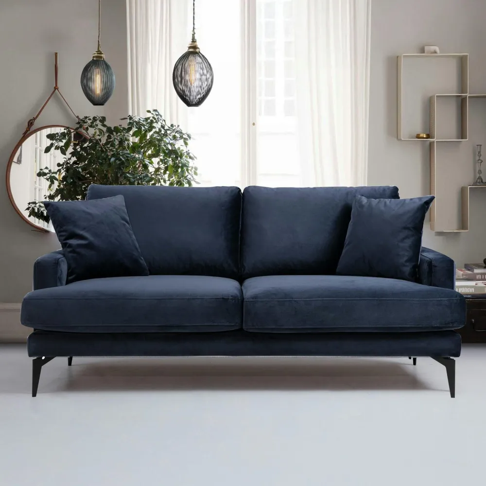 Canapés En Tissu|SEATTLE Canapé 2 places bleu en tissu velours 175 cm