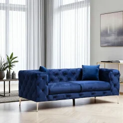 Canapés En Tissu|DOVER Canapé 2 places bleu nuit en velours capitonné