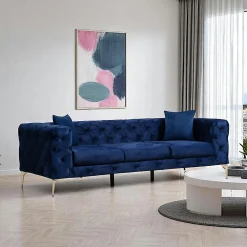 Canapés 3 Places|Canapés En Tissu|DOVER Canapé 3 places bleu nuit en velours capitonné