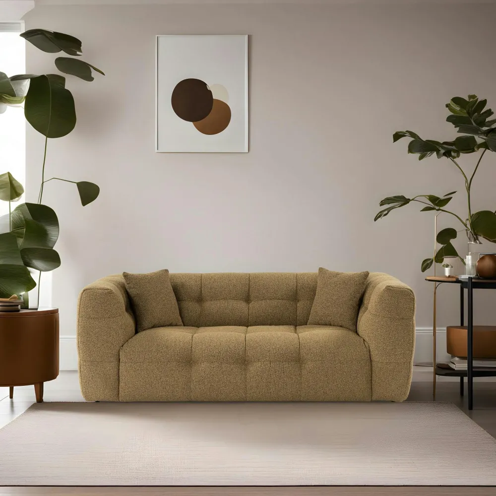 Canapés En Tissu|RAVELLO Canapé 2 places capitonné kaki, coussins assortis