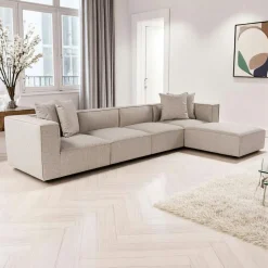 Canapés En Tissu|Canapés D'Angle|COLLIOURE Canapé 5 places en lin beige - avec pouf