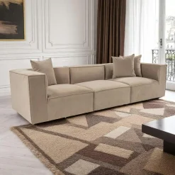 Canapés En Tissu|Canapés D'Angle|COLLIOURE Canapé 5 places en lin beige - avec pouf