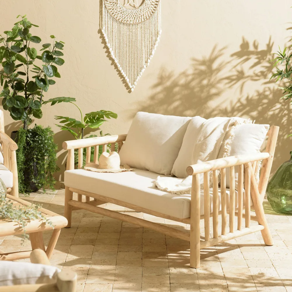 Canapés 2 Places|Canapés En Tissu|MANAK Canapé 2 places exotique teck ajouré et coussins blancs