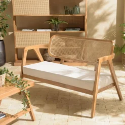 Canapés 2 Places|Canapés En Tissu|MANAK Canapé 2 places exotique teck ajouré et coussins blancs