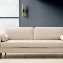 Canapés En Tissu|CHIBA Canapé 3 places velours beige crème, coussins polochons